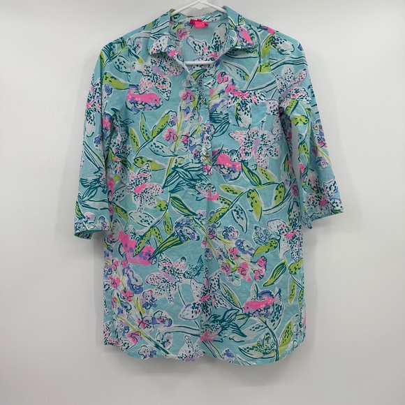 Lily Pulitzer Dress Youth Girl XL Blue Tropical Roll Tab Sleeves V Neck Collared - Picture 1 of 11